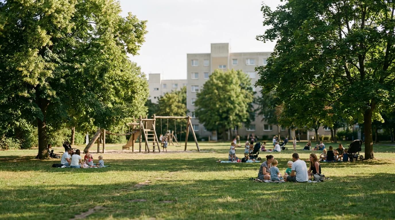 Weite Wiese im Stadtteilpark an einem Sommernachmittag, alte Laubbäume werfen Schatten